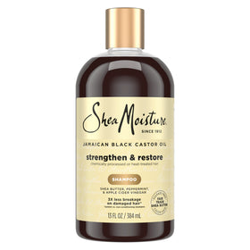 SheaMoisture bottle front showing Strengthen & Restore benefits and clear branding