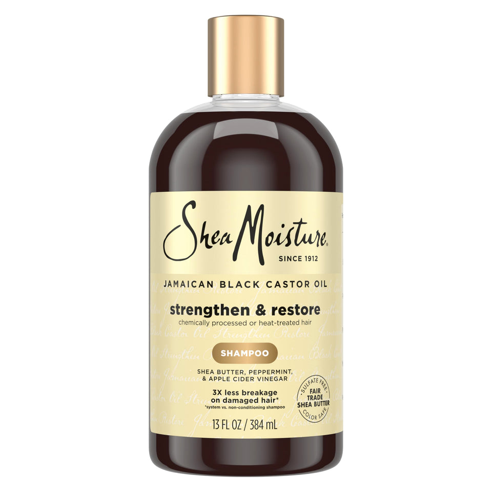 SheaMoisture bottle front showing Strengthen & Restore benefits and clear branding