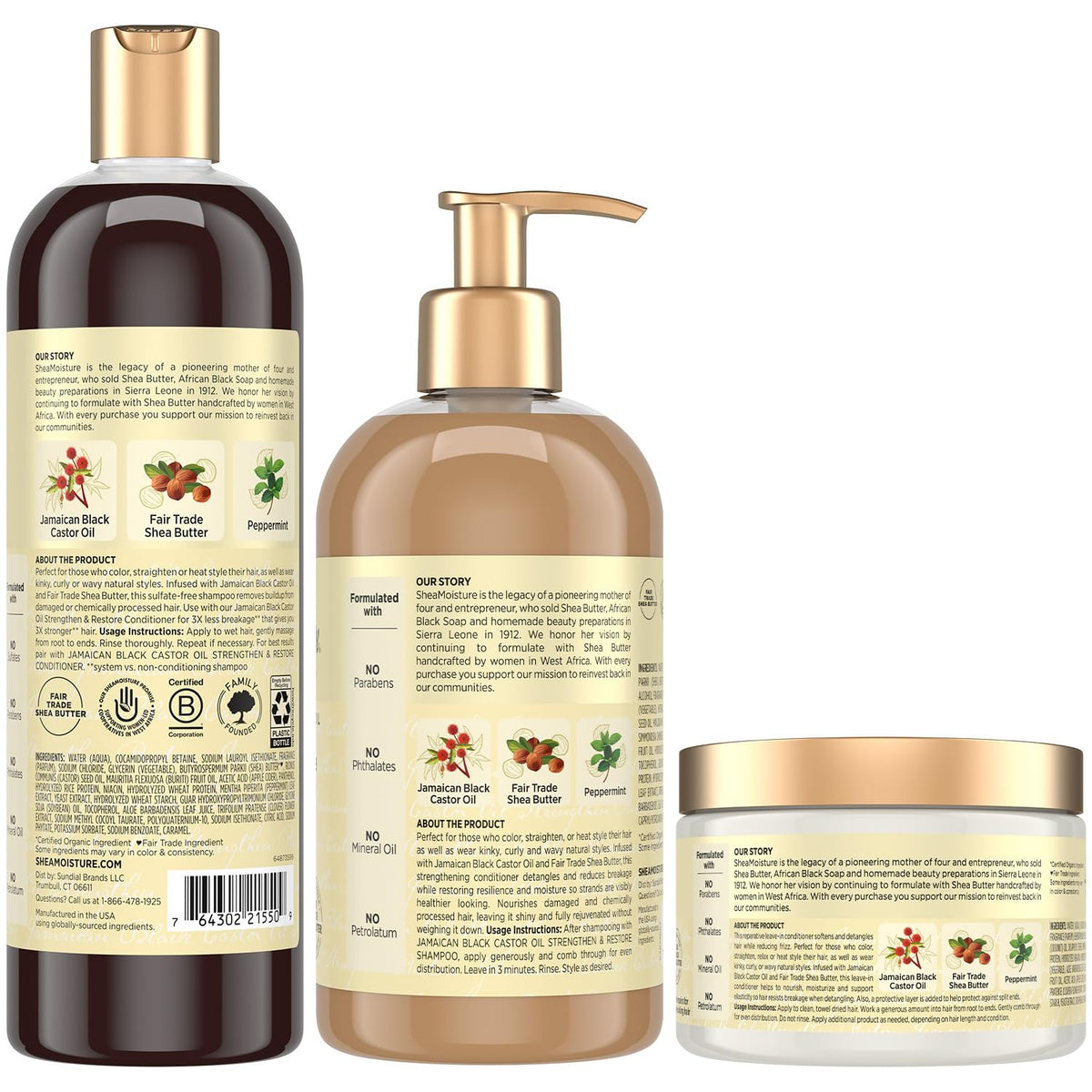 Shea Moisture three bottles lined up showing sizes and labels