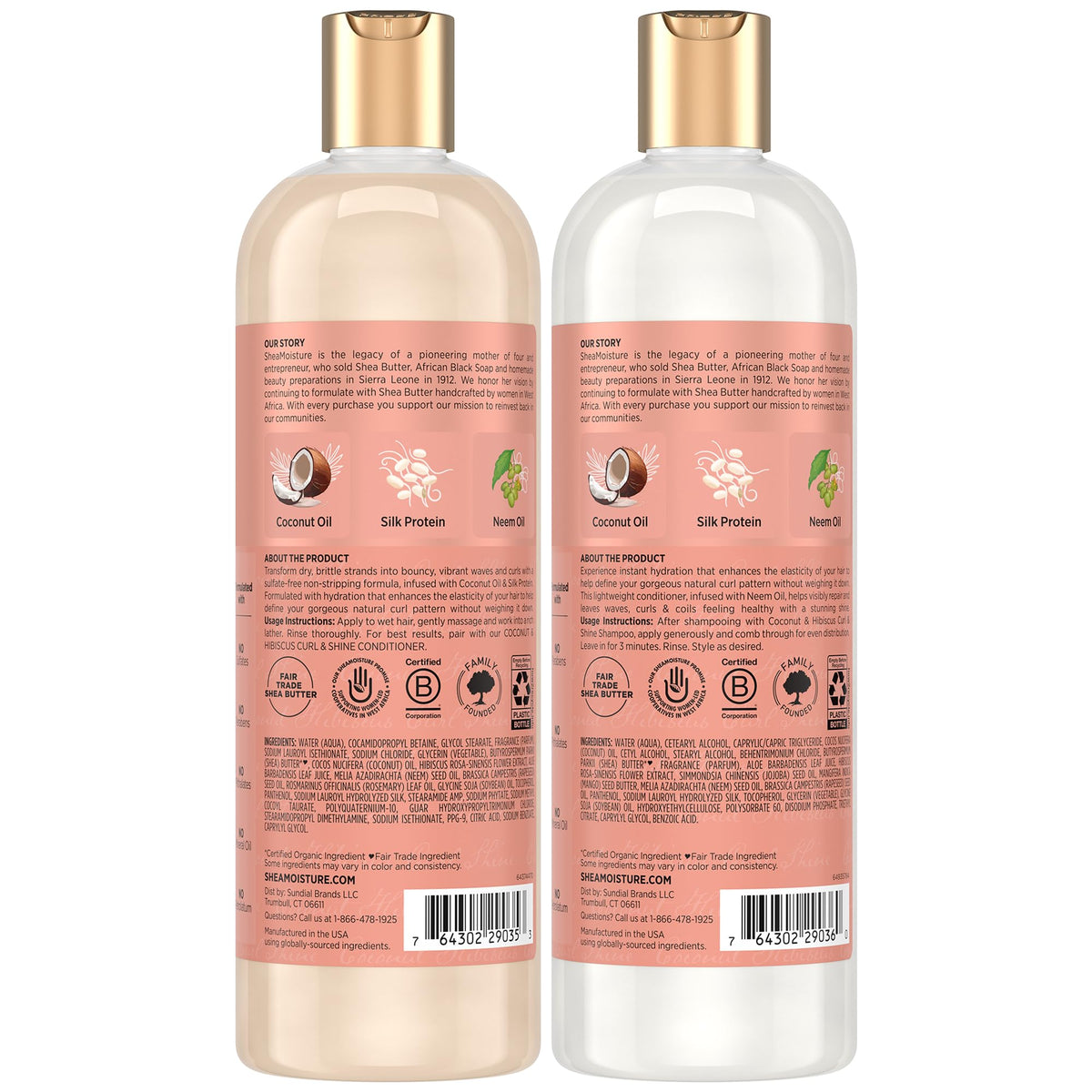 SheaMoisture bottle label close-up highlighting coconut and hibiscus ingredients