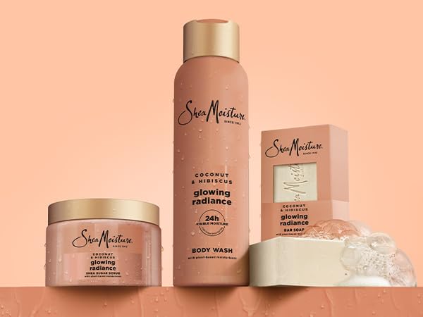 SheaMoisture scrub in shower lifestyle scene showing hydrated, glowing skin