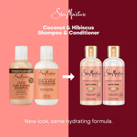 SheaMoisture model with defined curls after use demonstrating shine and frizz control
