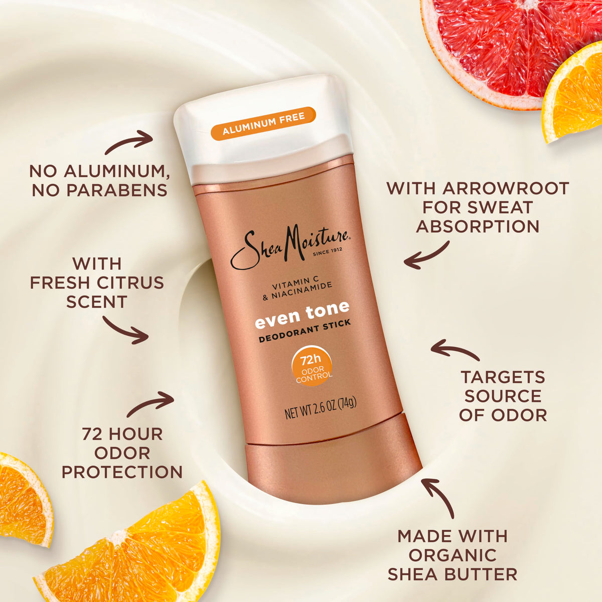 SheaMoisture shea butter jar and stick highlighting fair-trade ingredient benefit