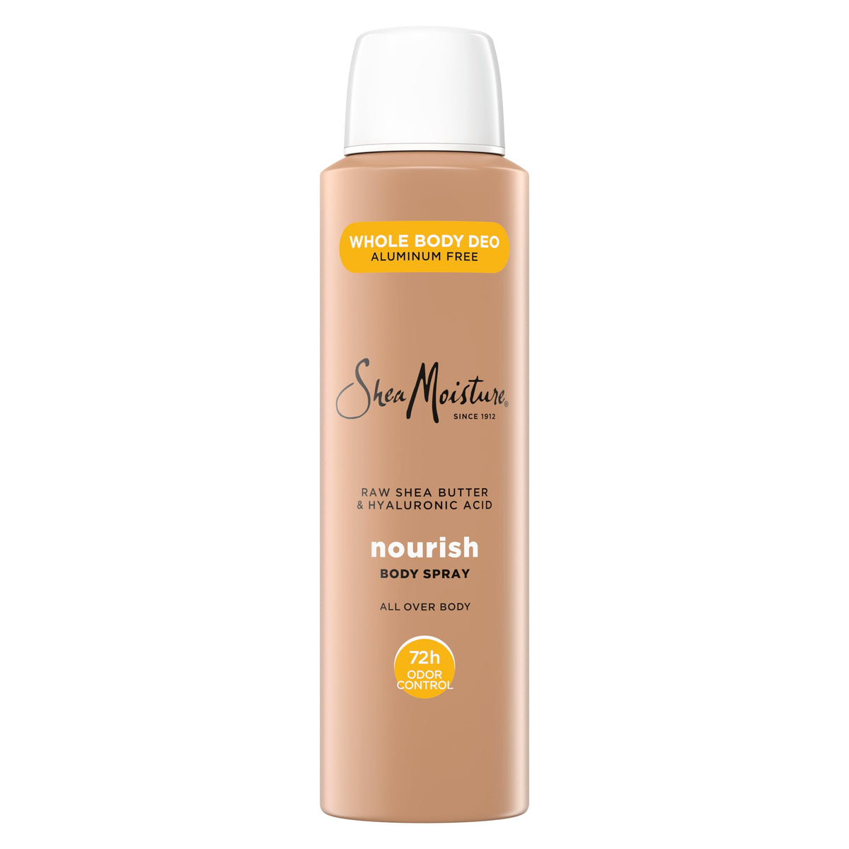 SheaMoisture front can showing label and signature fragrance, promotes lasting odor control