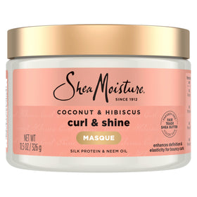 SheaMoisture front jar showing coconut & hibiscus and clear brand benefit
