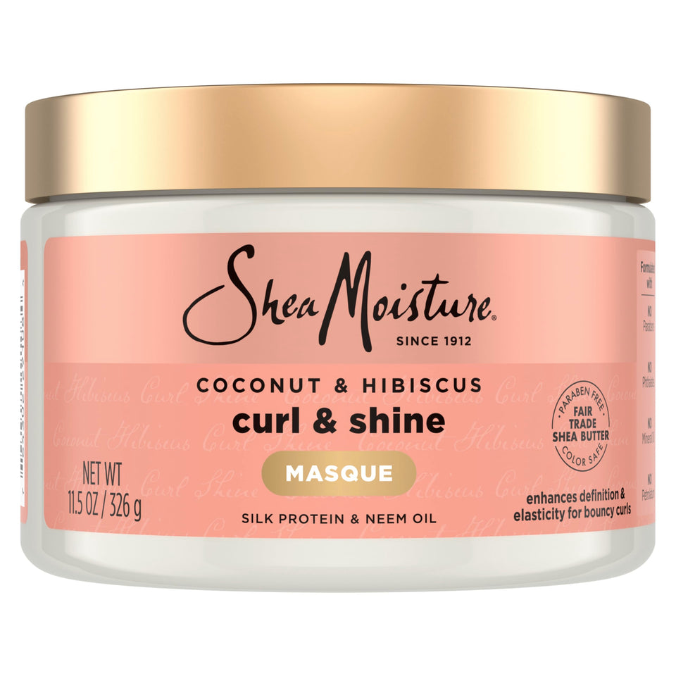 SheaMoisture front jar showing coconut & hibiscus and clear brand benefit