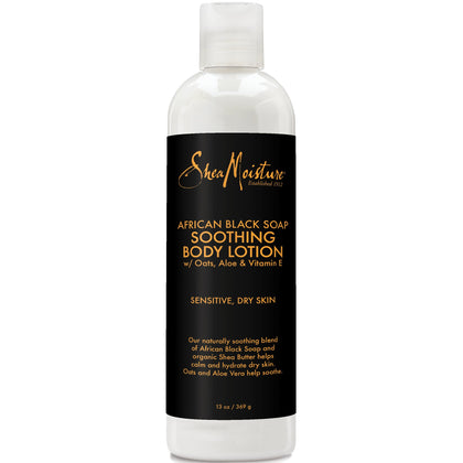 SheaMoisture front packaging showing African Black Soap lotion benefits