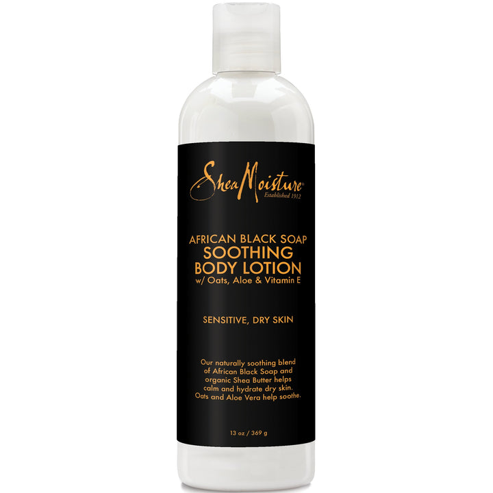 SheaMoisture front packaging showing African Black Soap lotion benefits