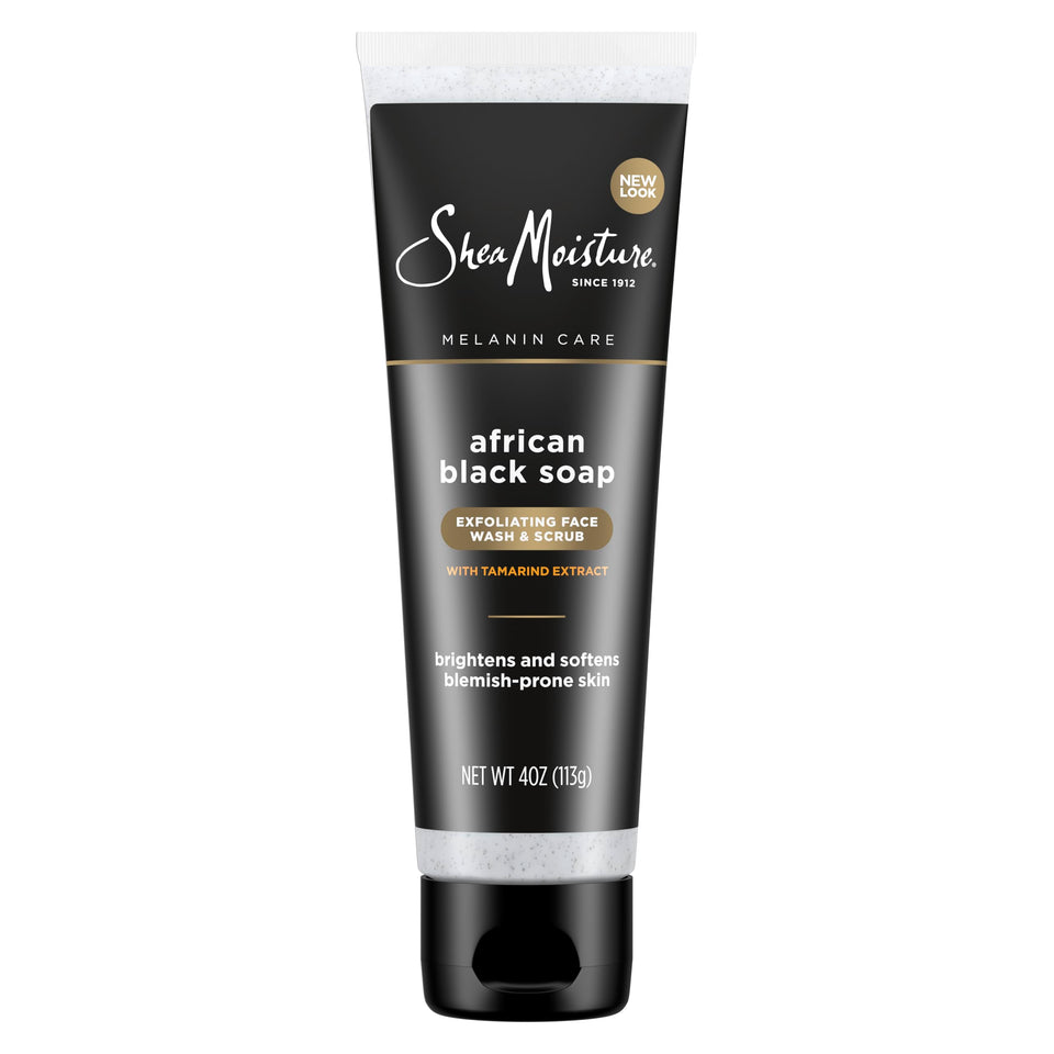 SheaMoisture front packaging of facial wash and scrub showing product benefits