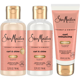 SheaMoisture front packaging of coconut hibiscus travel bundle showing compact bottles and scent