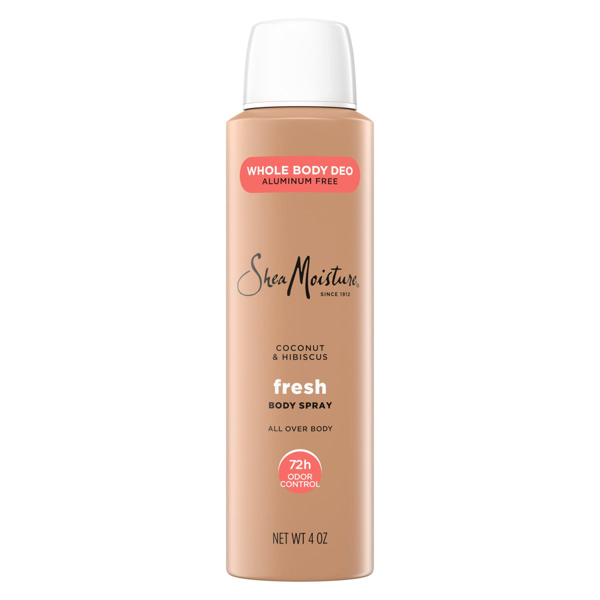 SheaMoisture front packaging showing Coconut & Hibiscus scent benefit of long-lasting freshness