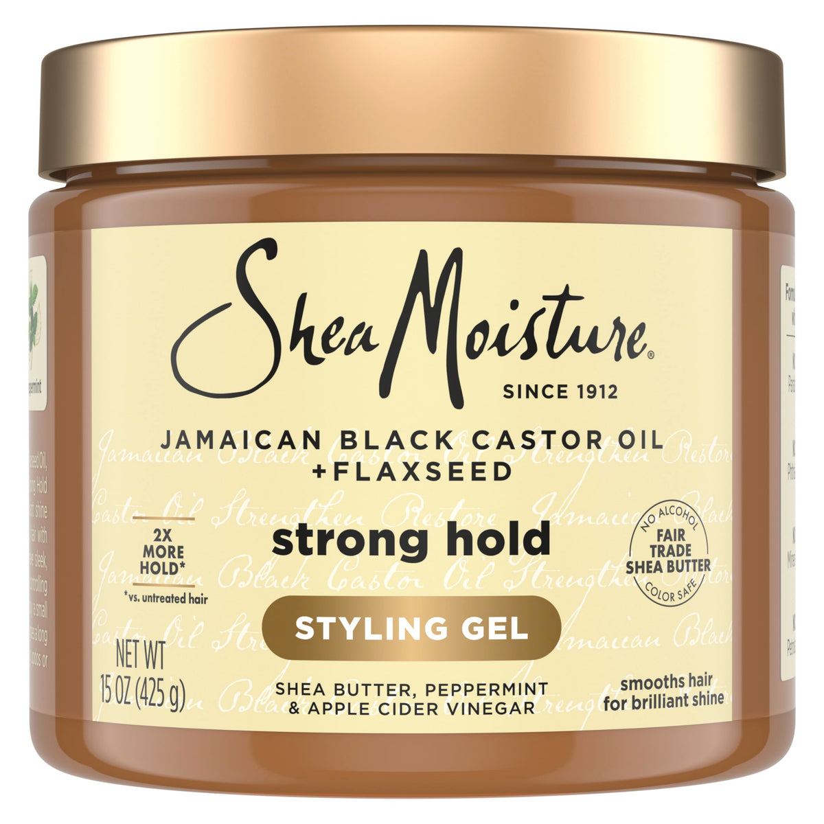 SheaMoisture front jar view showing label and 15oz size with clear hold benefits
