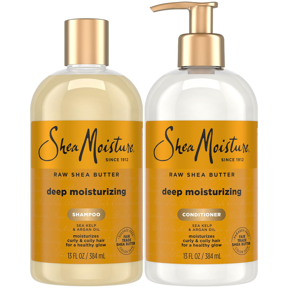 SheaMoisture front packaging showing both 13 oz bottles and product benefits