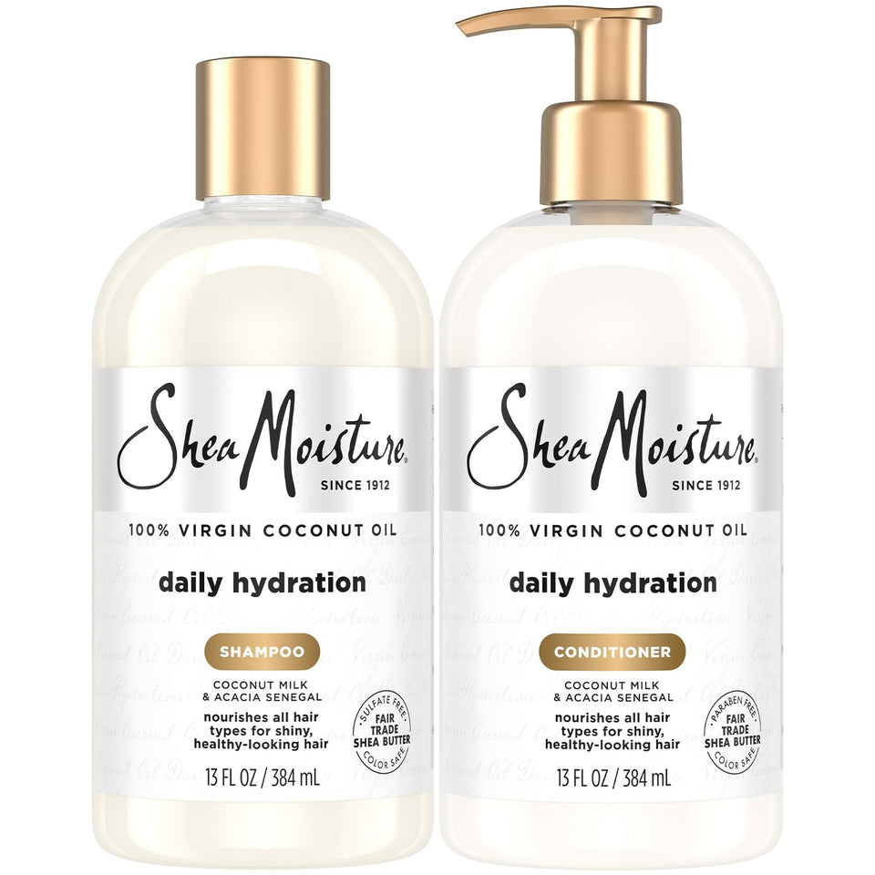 SheaMoisture front packaging showing shampoo and conditioner - clear branding and hydration benefit