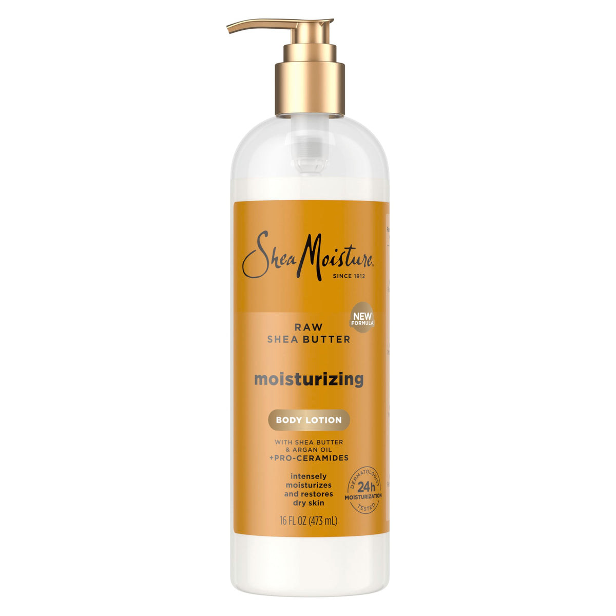 SheaMoisture front pump bottle showing 16 oz packaging and easy dispensing benefit