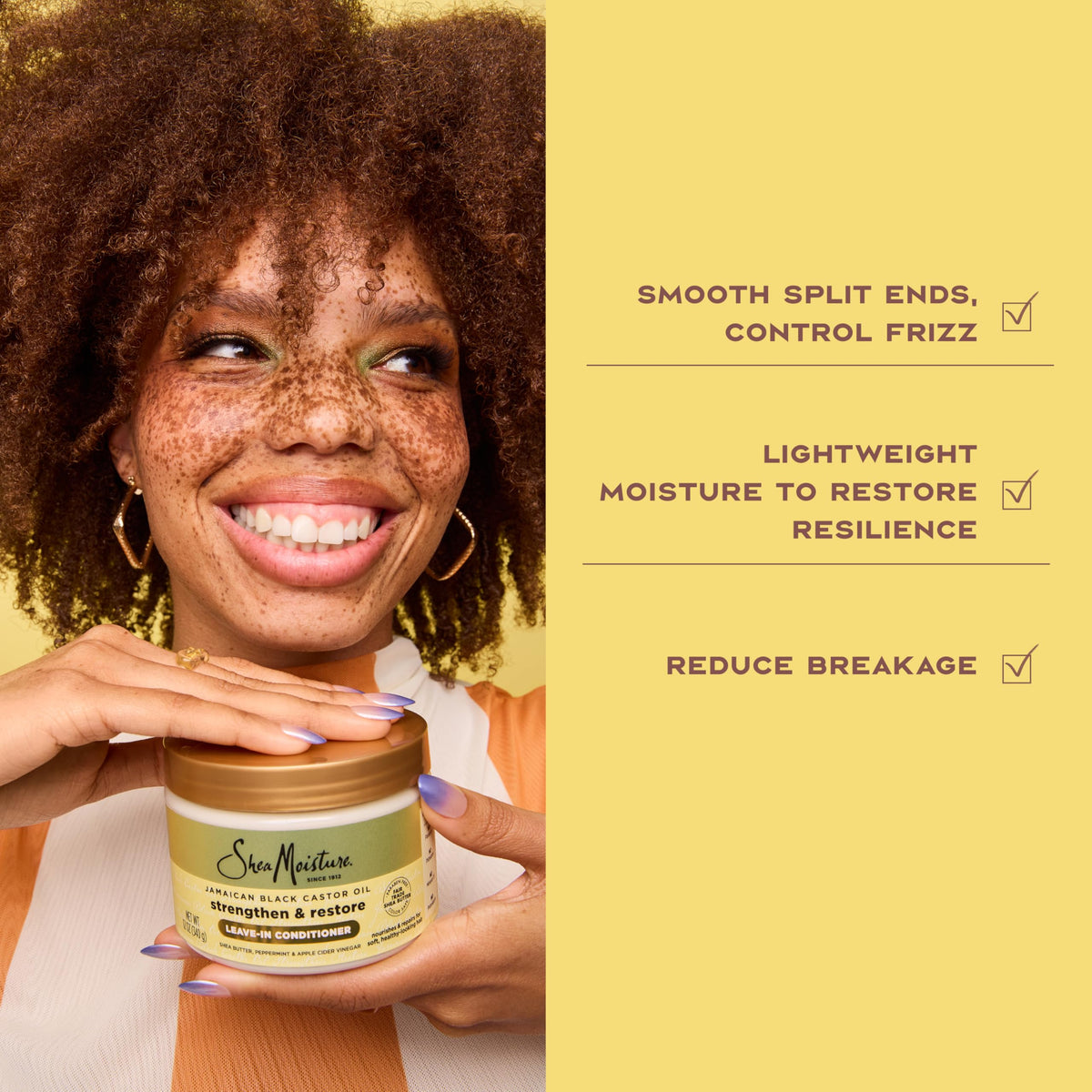 Shea Moisture 11.5 oz bottle next to common items for scale