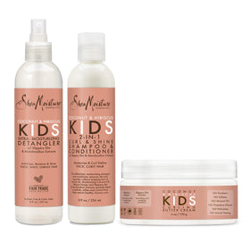 SheaMoisture front packaging showing the kids curl care trio and benefits