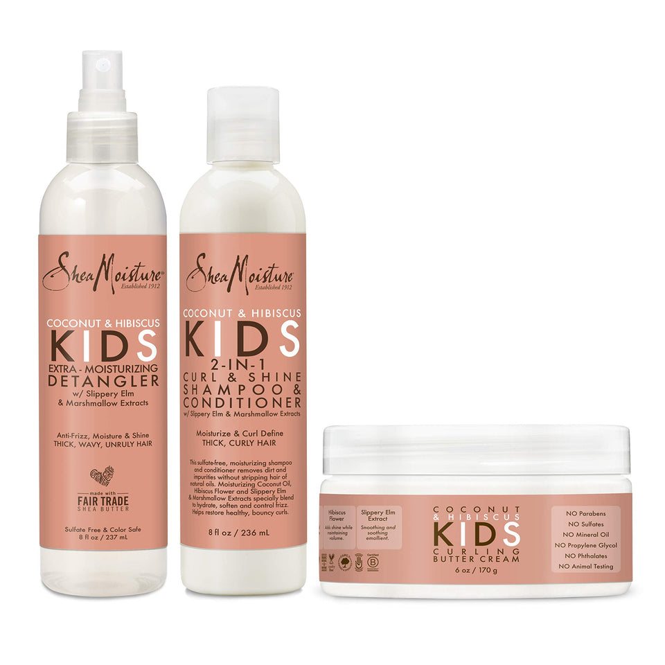 SheaMoisture front packaging showing the kids curl care trio and benefits