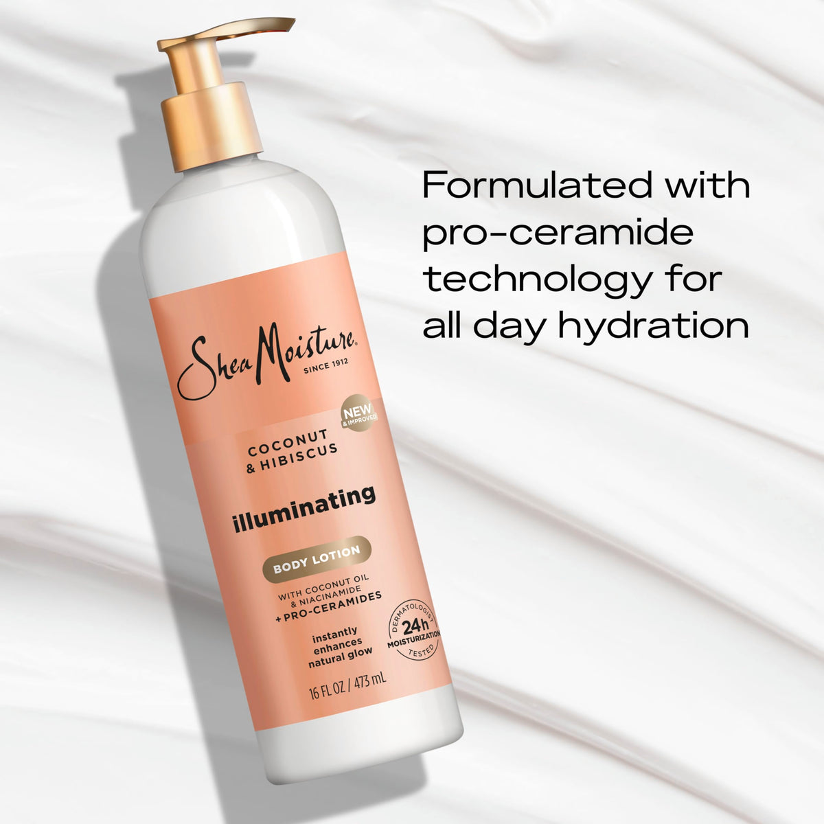 SheaMoisture creamy lotion texture swipe showing fast-absorbing, non-greasy finish