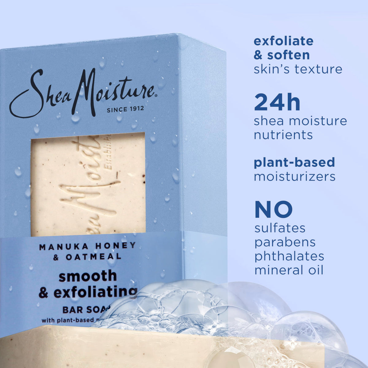 SheaMoisture close-up of soap texture highlighting gentle exfoliation benefit