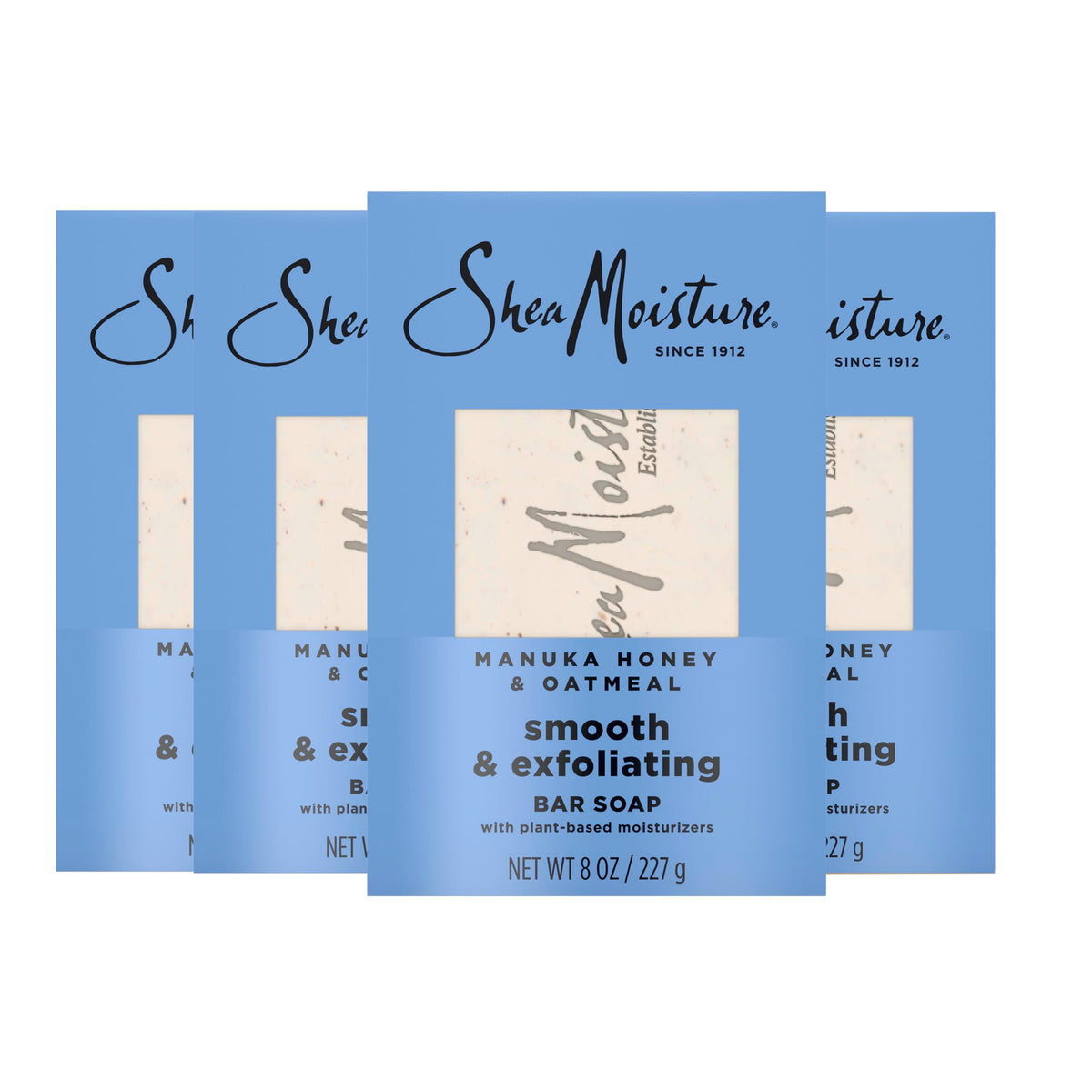 SheaMoisture front packaging of Manuka Honey Oatmeal bars showing product pack benefit
