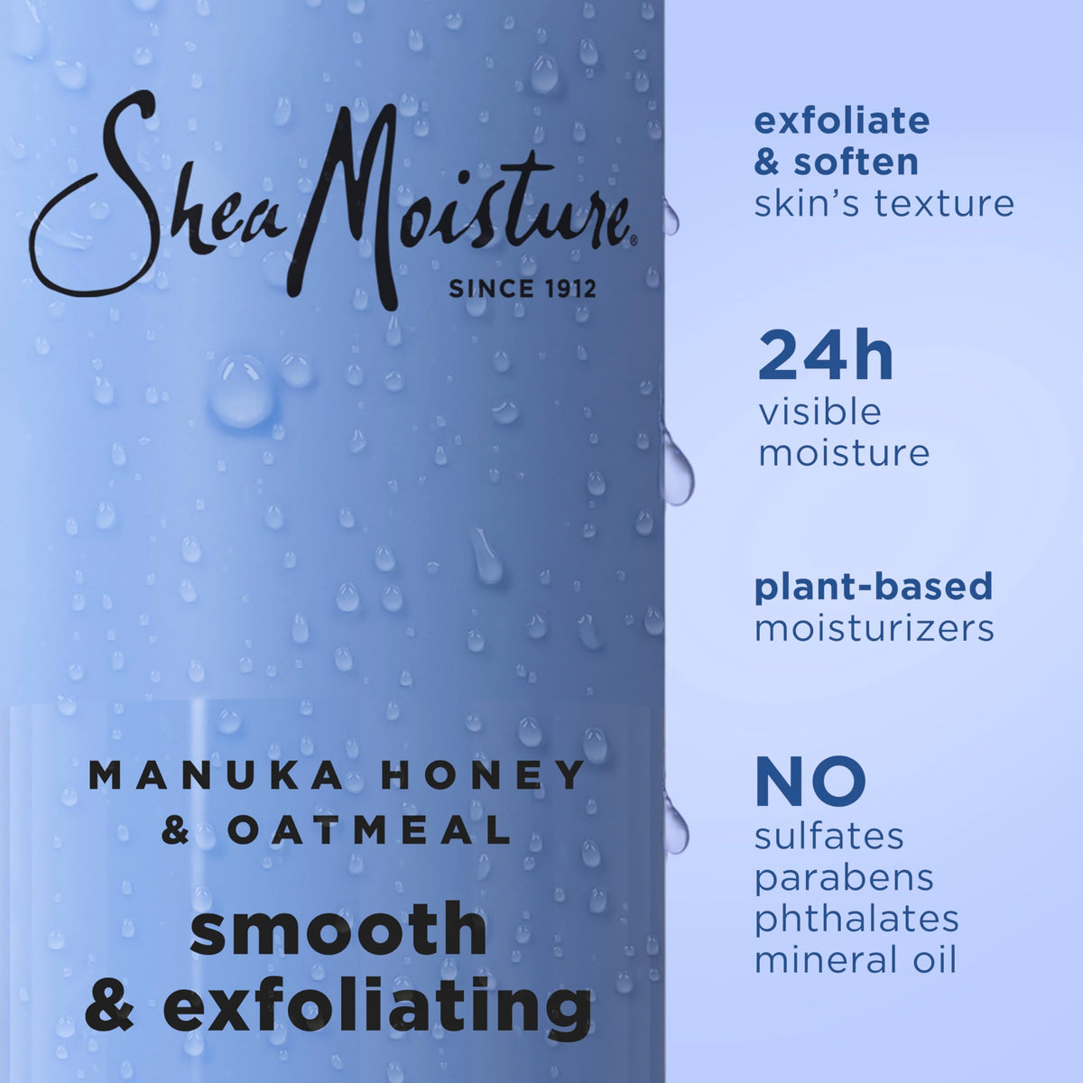 SheaMoisture creamy body wash texture close-up demonstrating gentle exfoliating particles