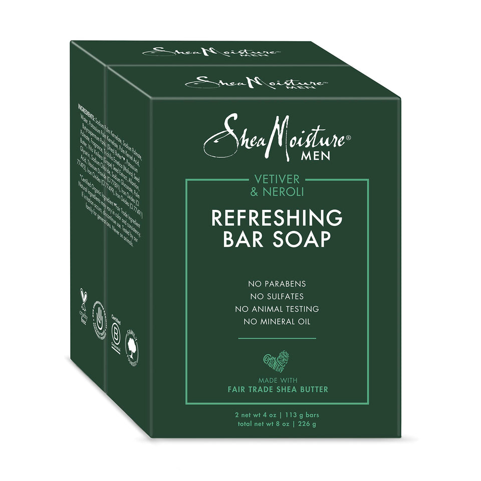 SheaMoisture front packaging showing vetiver and neroli scent and travel-ready benefit