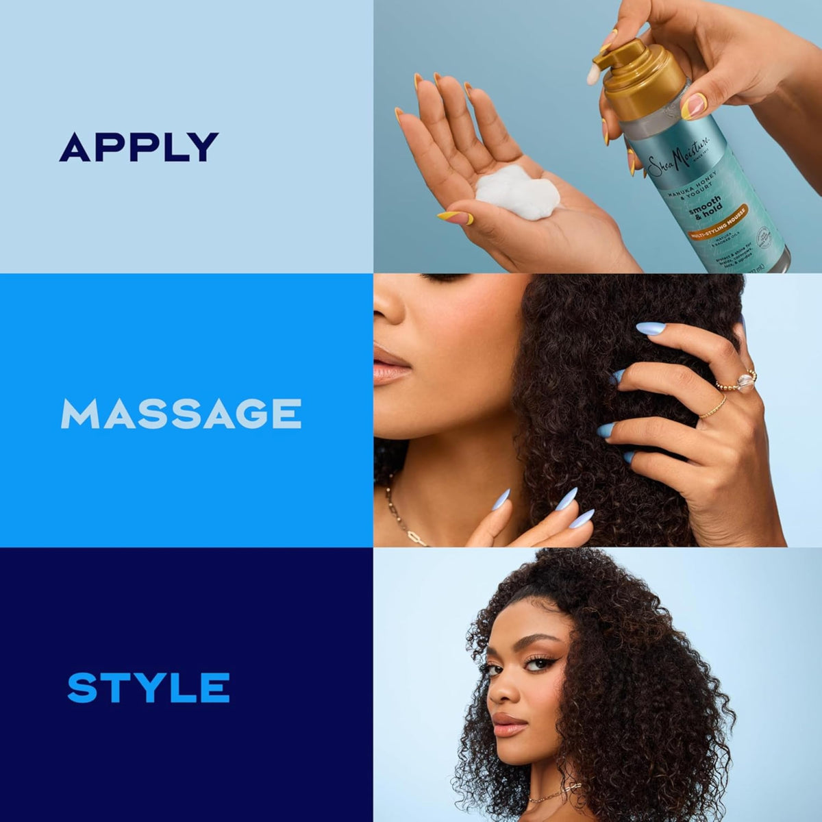 SheaMoisture mousse on bathroom shelf in lifestyle scene for everyday styling