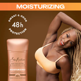 SheaMoisture stick held in hand to show compact size and travel-friendly benefit