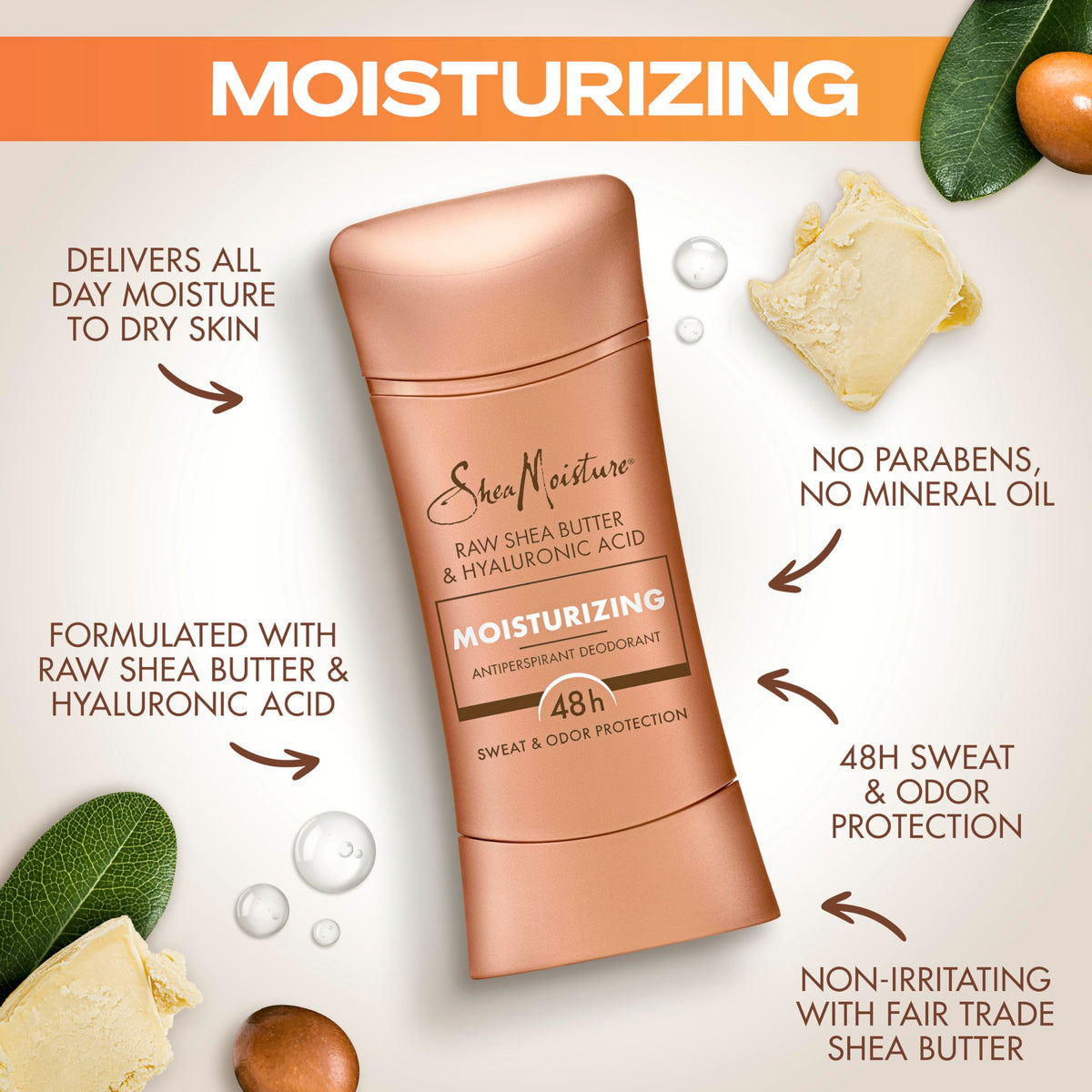 SheaMoisture stick being applied underarm demonstrating easy glide benefit