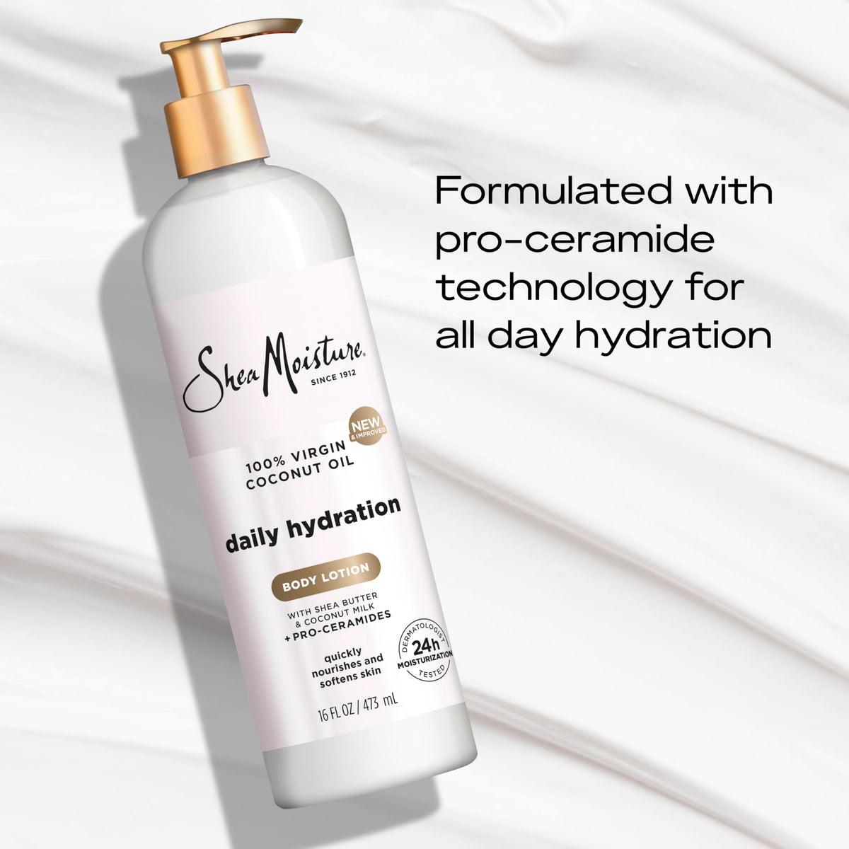 SheaMoisture creamy lotion close-up texture showing fast-absorbing, non-greasy finish