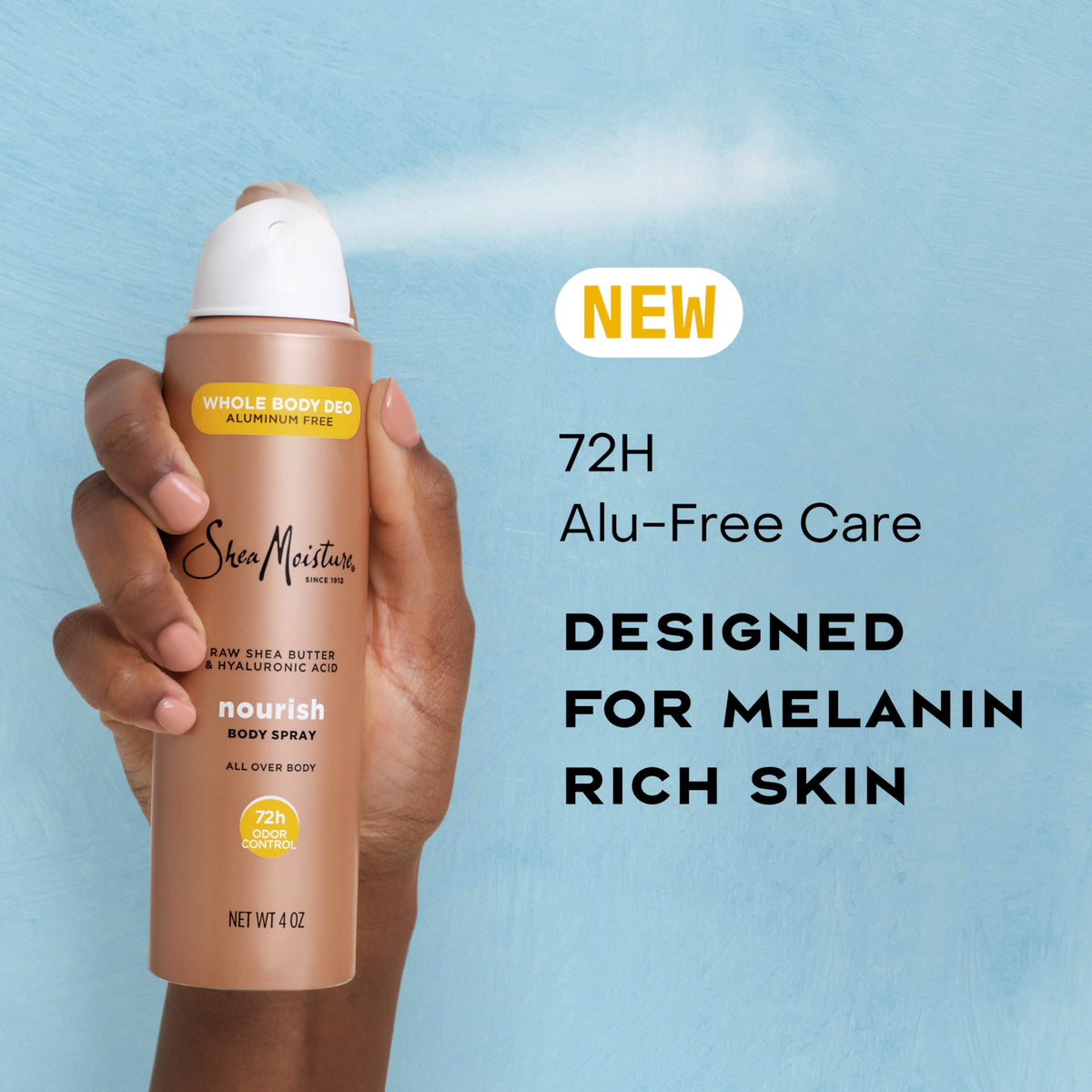 SheaMoisture hydrating mist texture close-up, conveys lightweight moisture and invisible finish