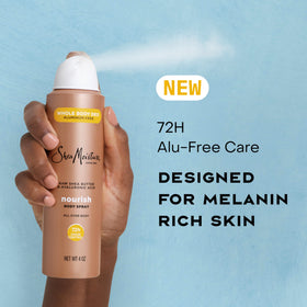 SheaMoisture hydrating mist texture close-up, conveys lightweight moisture and invisible finish