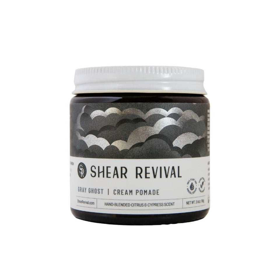 Shear Revival jar front view showing label and amber glass for easy identification and reuse