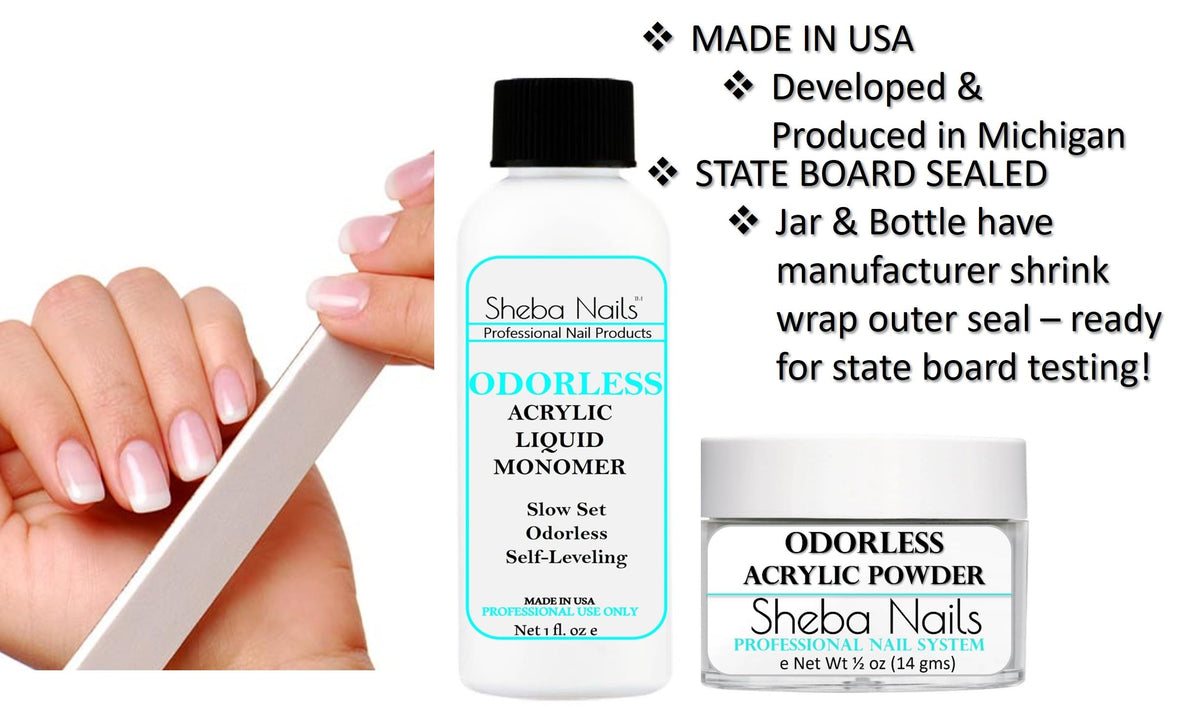 Sheba Nails monomer bottle close-up showing sealed cap for safe, odorless application
