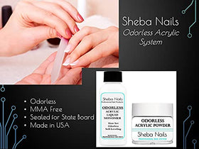 Sheba Nails technician applying odorless acrylic in salon illustrating quiet, low-odor service