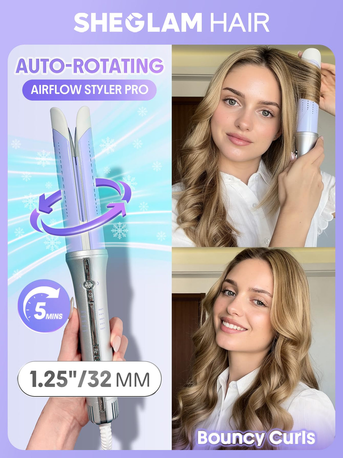 SHEGLAM barrel close-up highlighting 136 vents for instant 360° cooling and quicker set