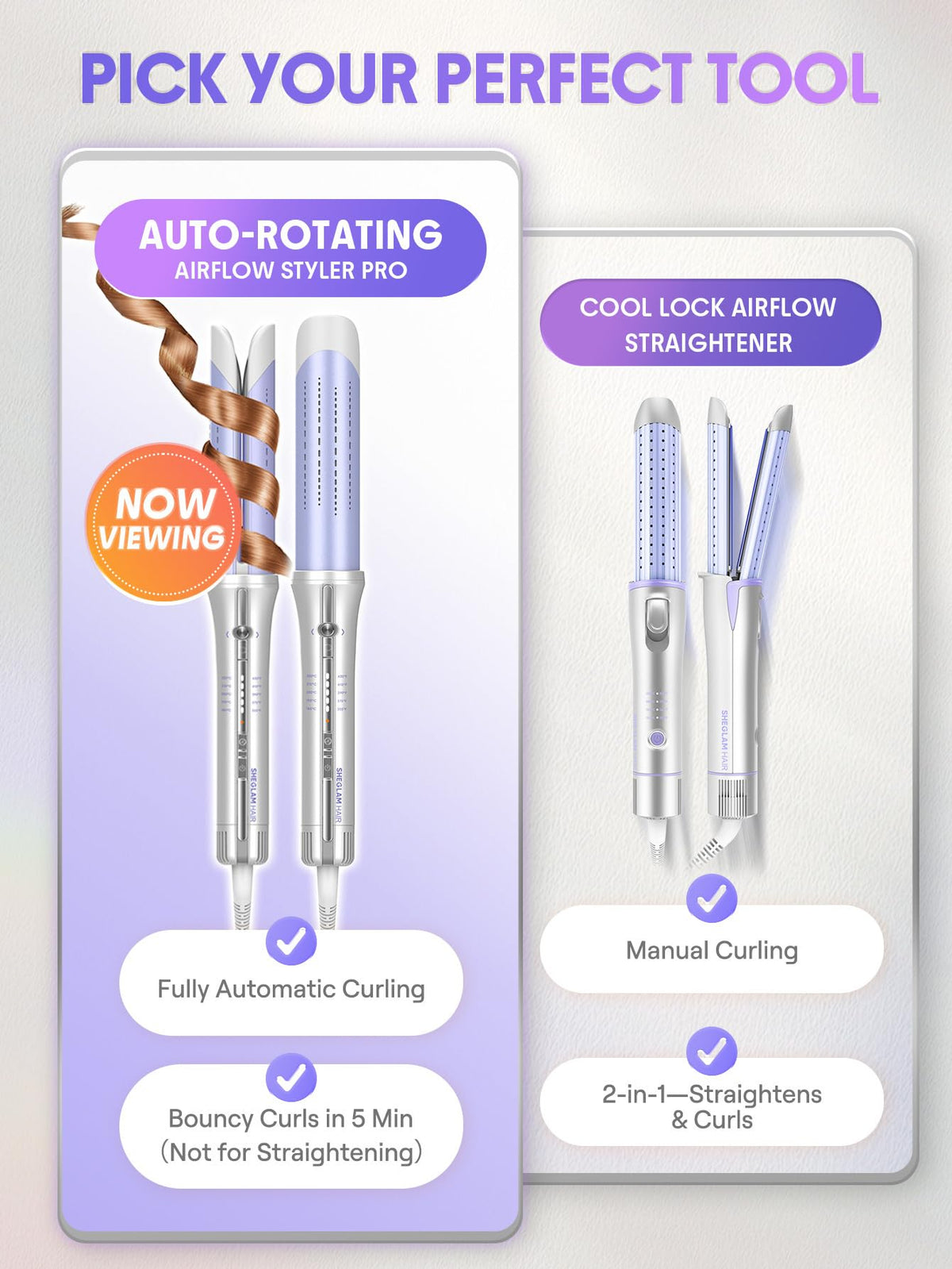 SHEGLAM rotation selector detail indicating left and right curl directions for natural results