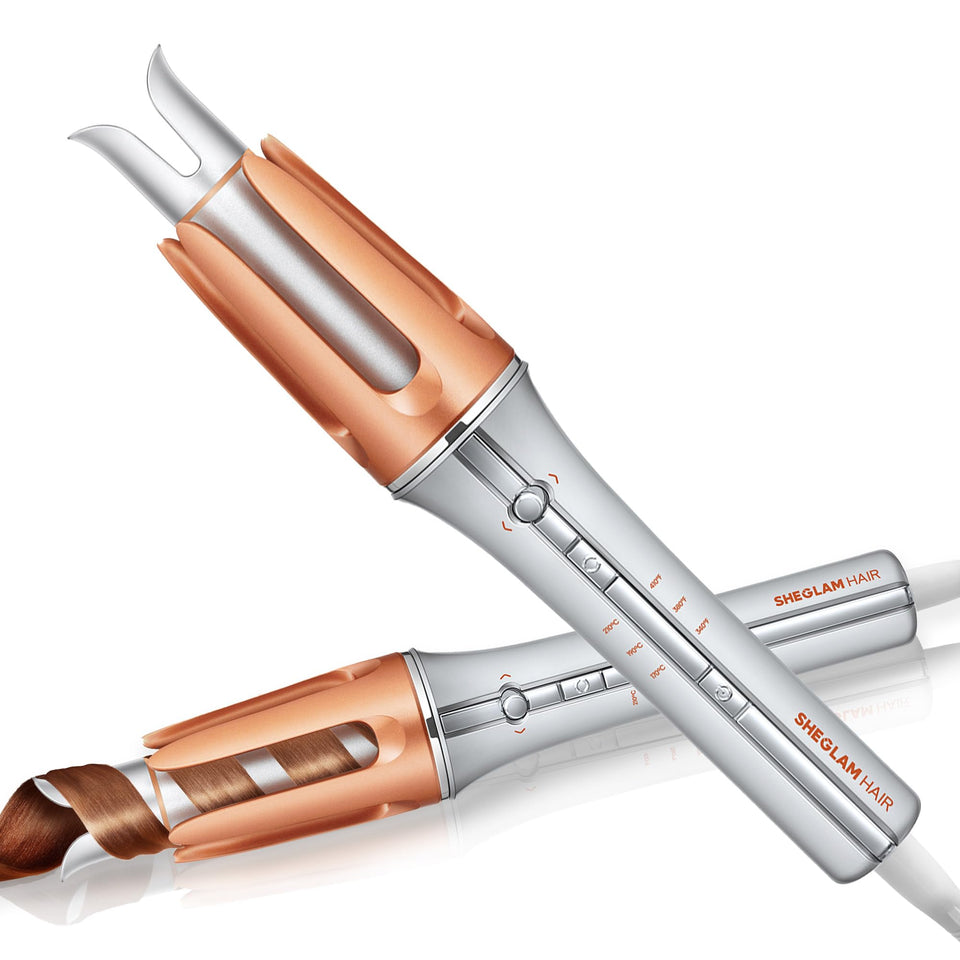 SHEGLAM curling iron front view showing controls and compact design for easy styling