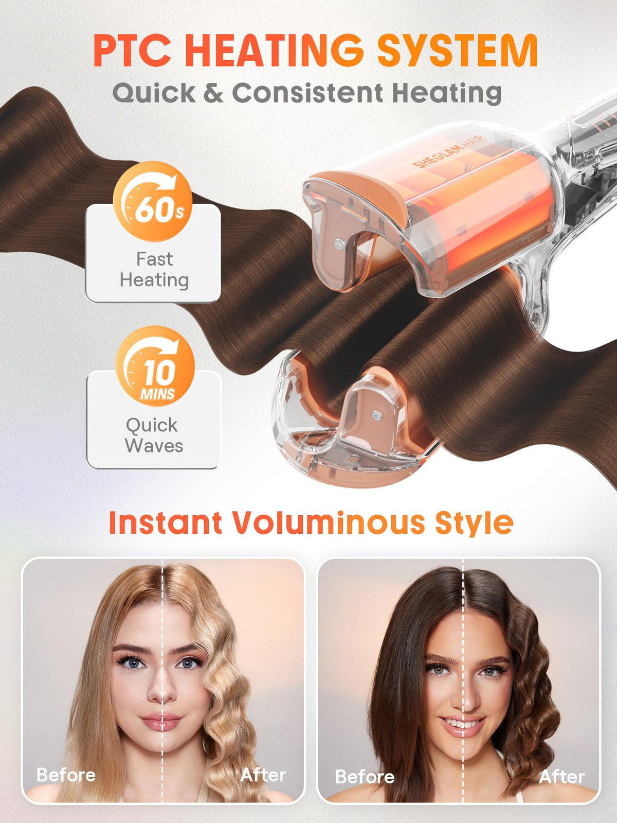SHEGLAM waver held in hand demonstrating size and ergonomic grip for faster styling