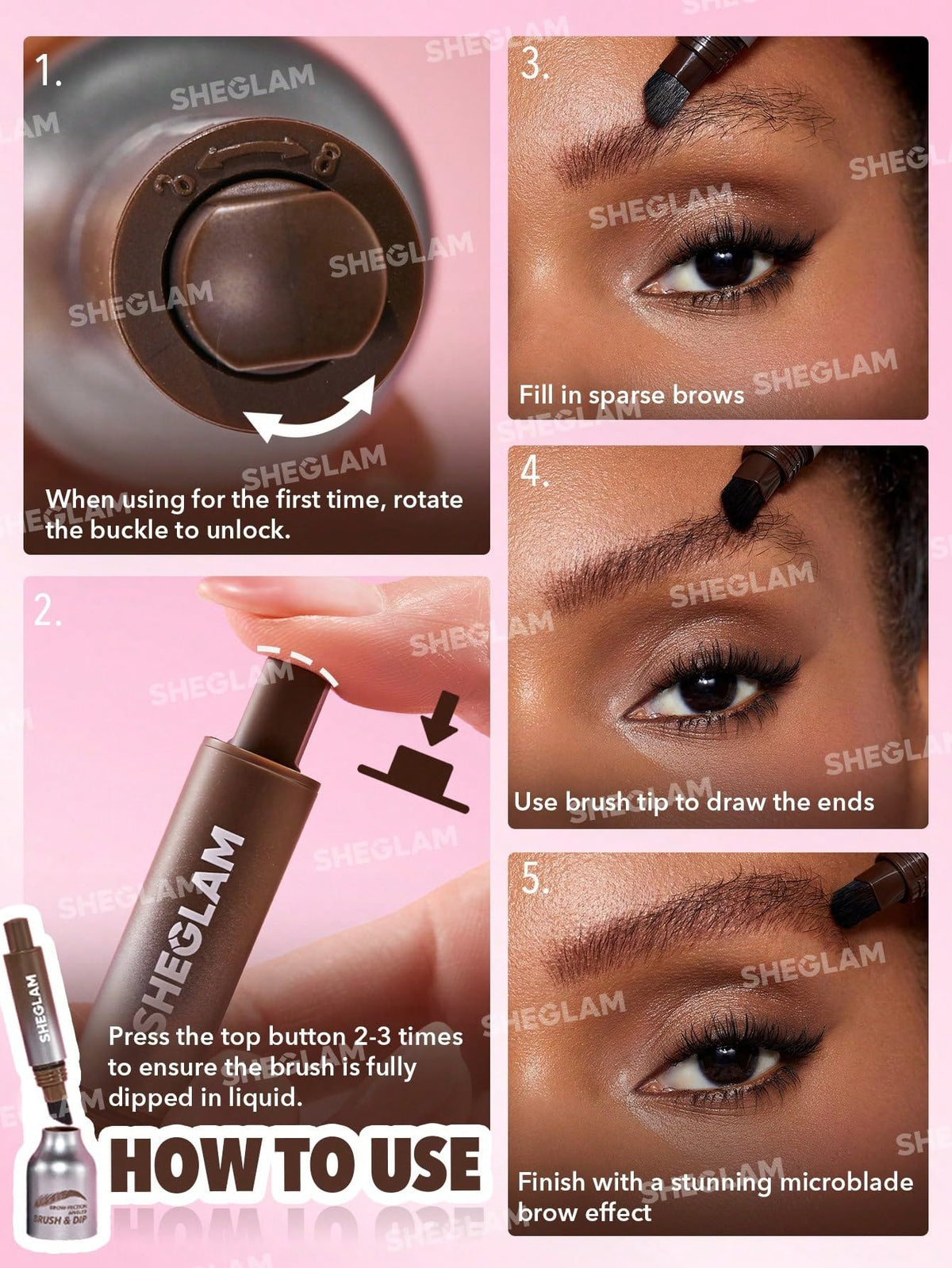 SHEGLAM stroke demo on skin illustrating natural microblade effect for realistic brows