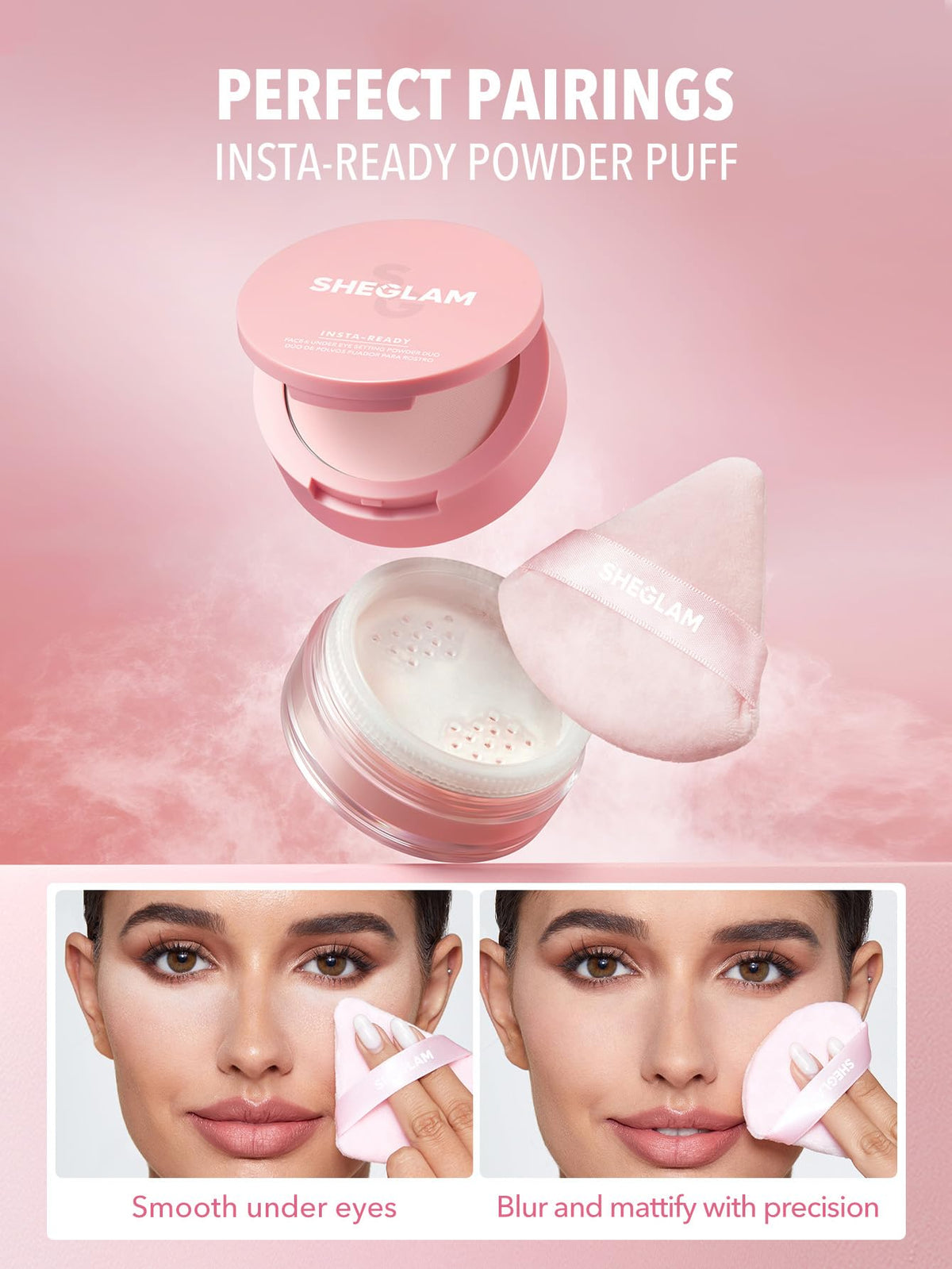 SHEGLAM sweeping face powder with brush showing mattifying and shine-control effect