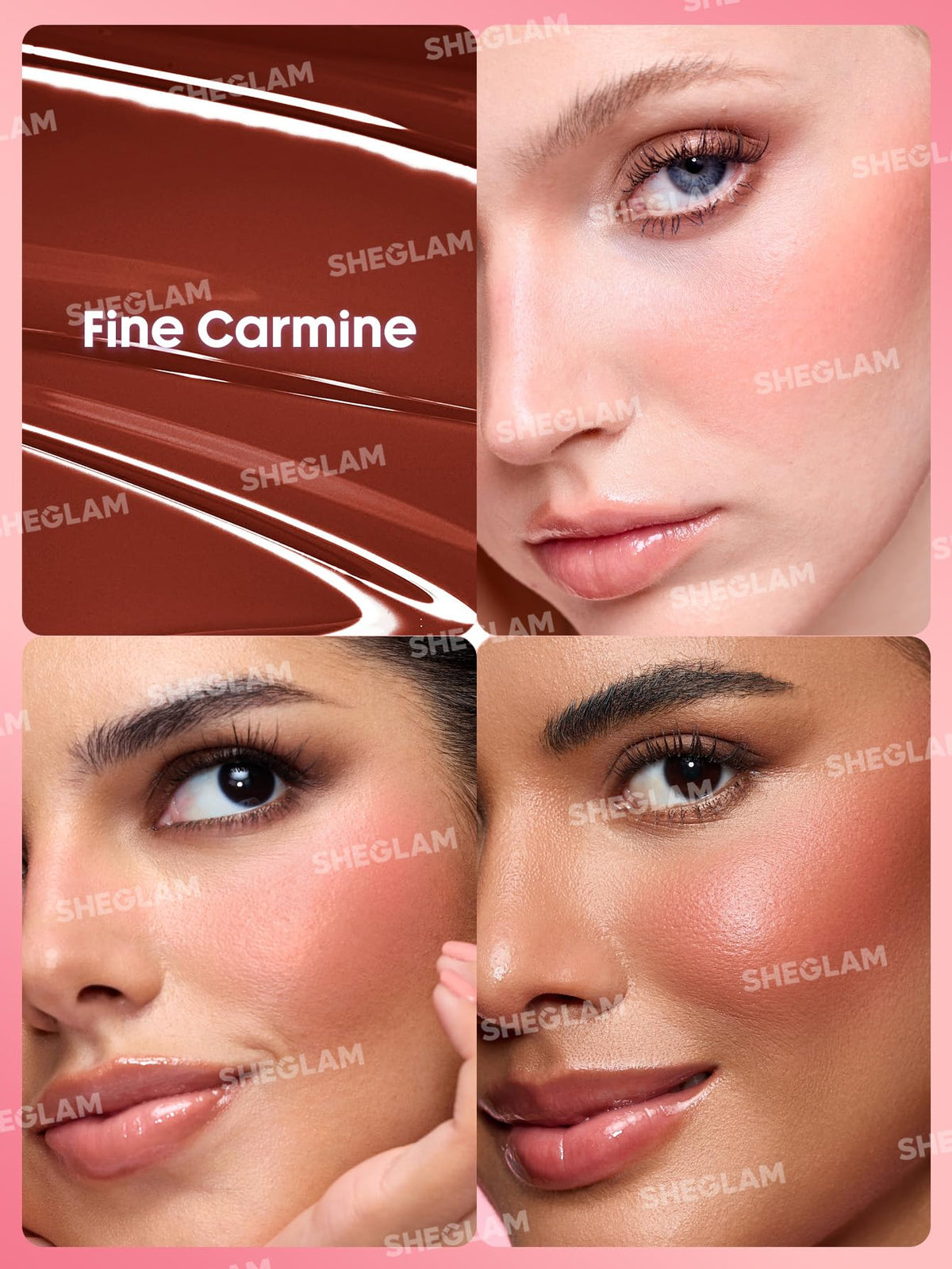 SHEGLAM liquid blush swatch showing Fine Carmine texture and blendability