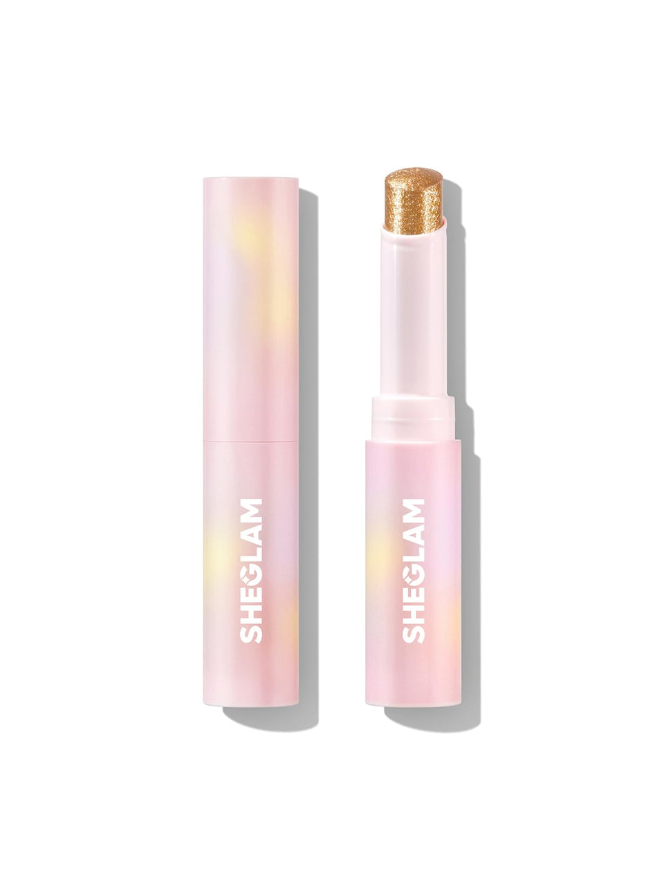 SHEGLAM stick front packaging showing golden shade and branding benefit
