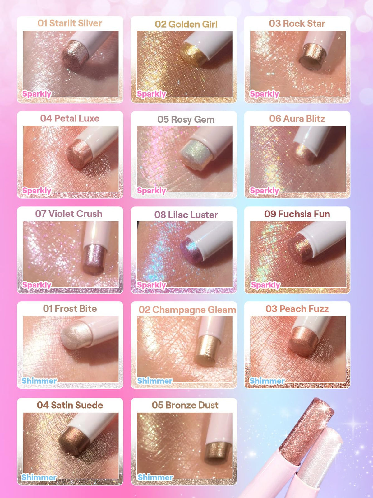 SHEGLAM stick held between fingers to show compact size for travel convenience