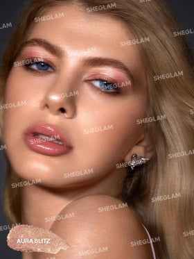 SHEGLAM applied on lips and cheek showing versatile shimmer and hydration
