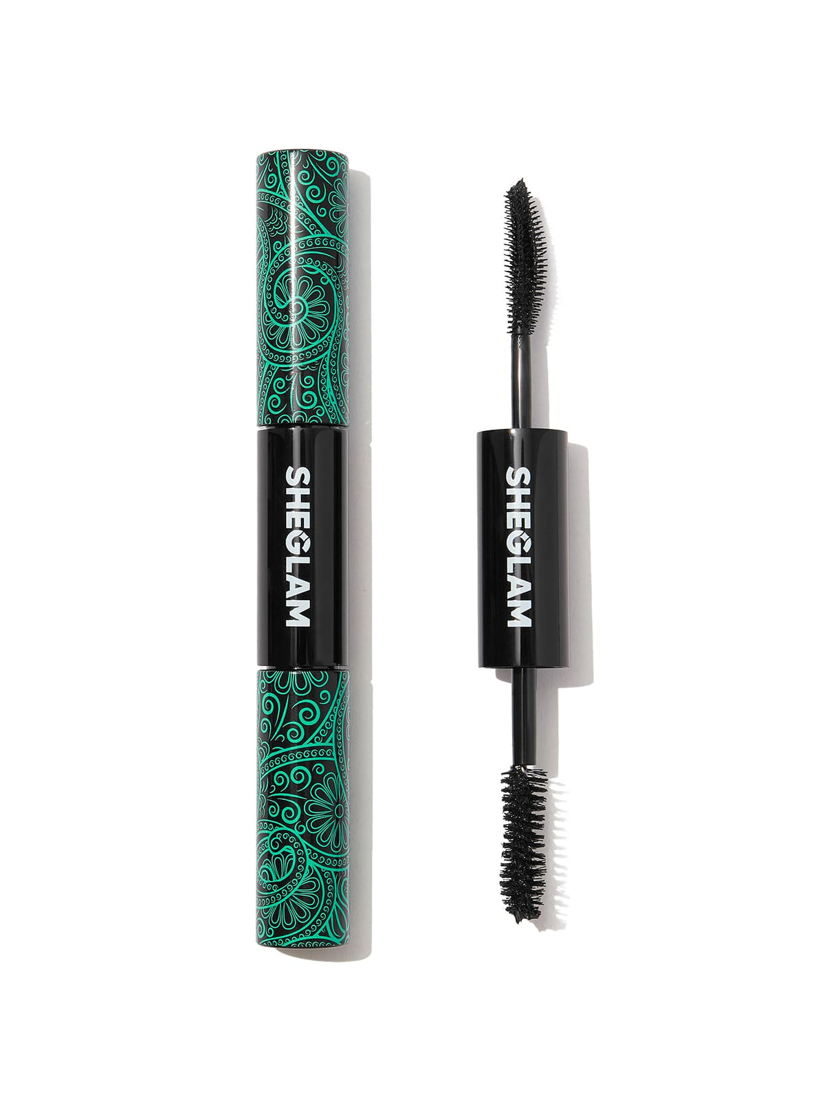 SHEGLAM dual-ended mascara front view showing compact travel-friendly tube and benefits
