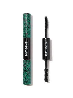 SHEGLAM dual-ended mascara front view showing compact travel-friendly tube and benefits