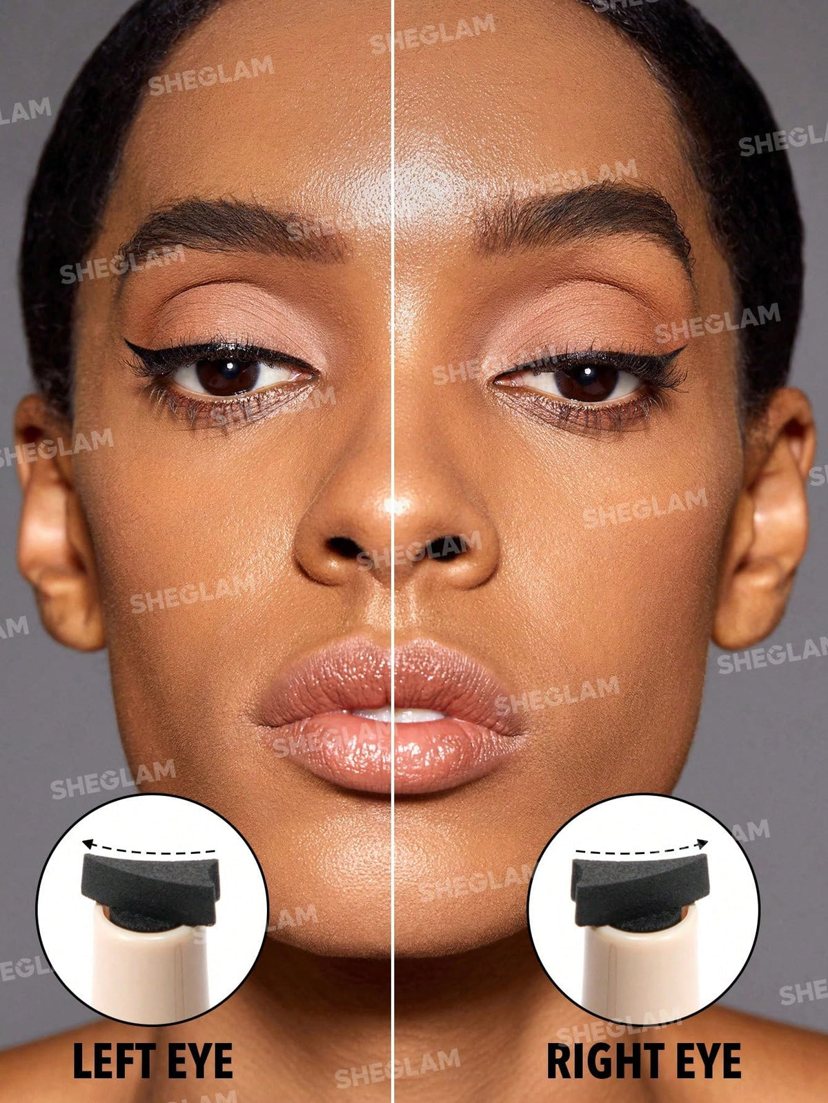SHEGLAM model wearing cat-eye demonstrating long-lasting smudge-proof benefit