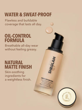 SHEGLAM bottle next to makeup tools indicating easy integration into routine benefit